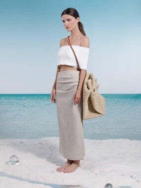 ZARA LINEN BLEND DRAPED BEIGE SAND SKIRT AND KIKI RIKI TOP SET NWT L